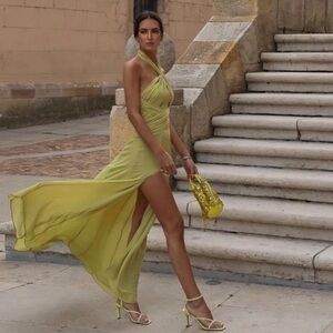 Zara | Dresses | Zara Pleated Halter Dress Sz Small Green Maxi High Slit |  Poshmark